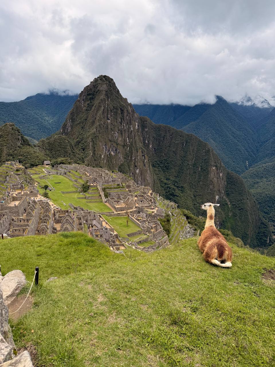 Machu Picchu con la montaña de Huayna Picchu al fondo y cielo despejado
